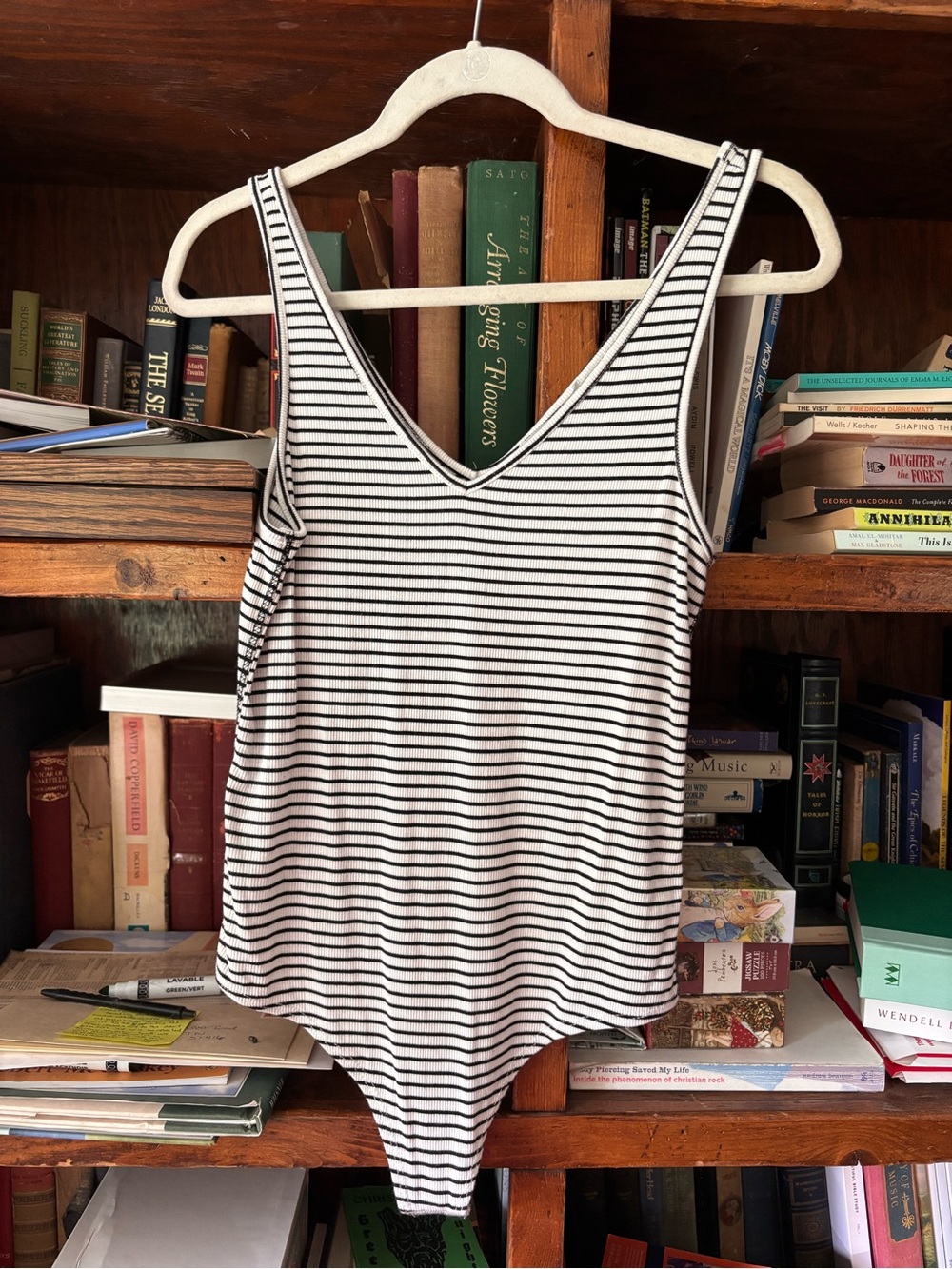 gaze Black & White Striped V-Neck Tank Bodysuit